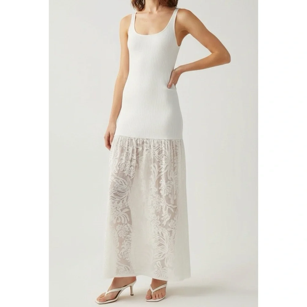 BEC & BRIDGE Rissa Ribbed Knit Dress W/ Mesh Lace Skirt, Ivory, Large - Picture 2 of 15
